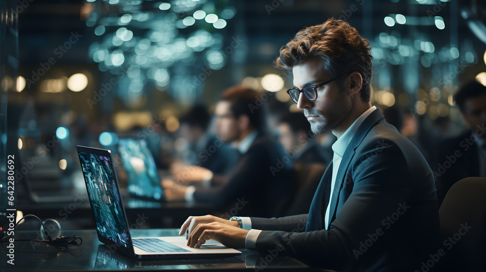 Poster there is a man sitting at a table with a laptop generative ai