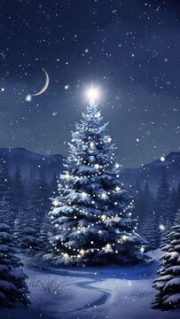 A blue toned animated christmas tree scene featuring falling snow, swirling stars, and a crescent moon.