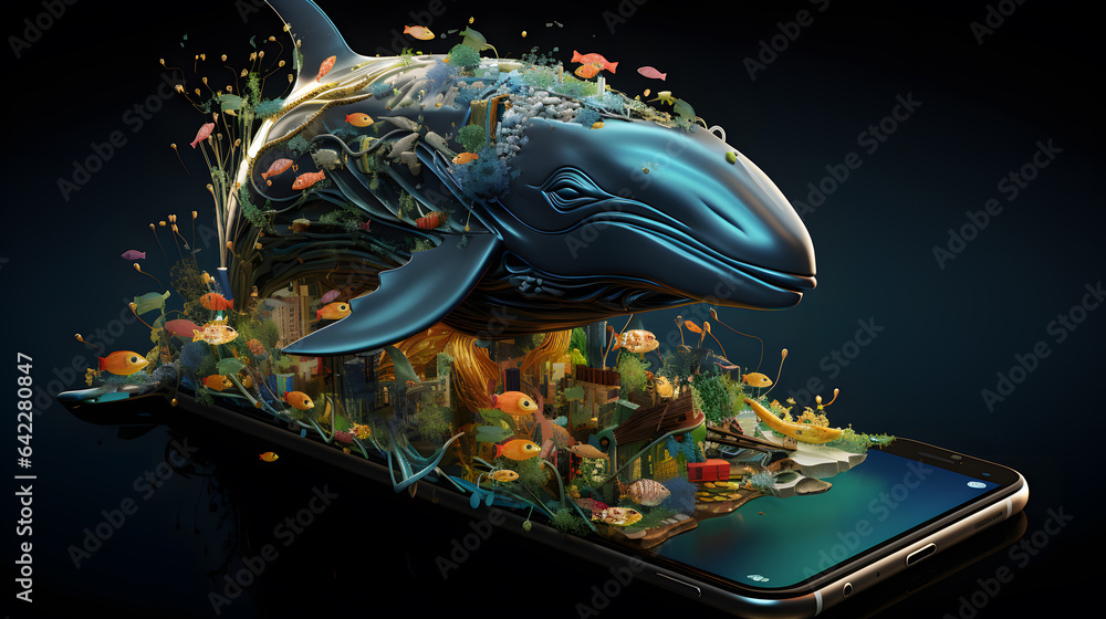 Poster there is a whale that is floating on a cell phone generative ai