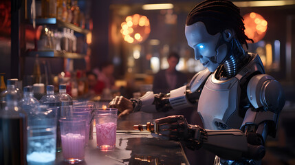 there is a robot that is sitting at a bar with a drink Generative AI