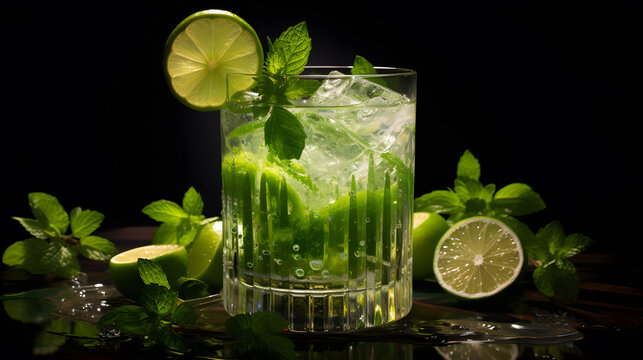 there is a glass of water with lime and mint leaves Generative AI