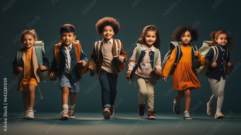 Aufkleber arafed group of children running in a line with backpacks generative ai