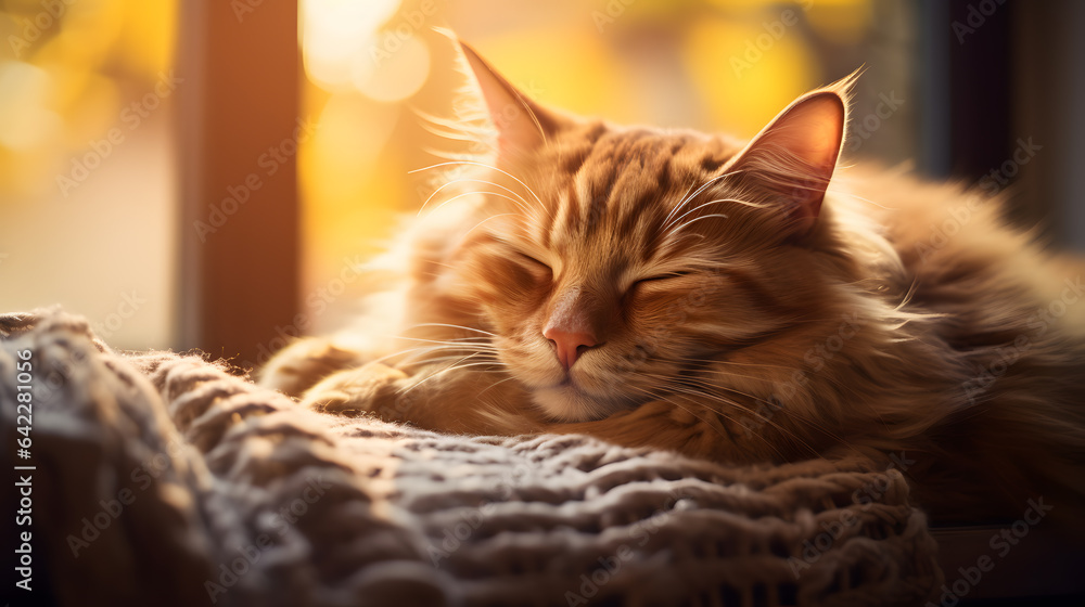 Aufkleber there is a cat that is sleeping on a blanket by a window generative ai