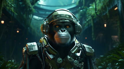 arafed gorilla in a helmet and helmet in a jungle Generative AI