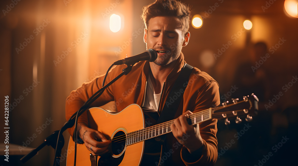 Aufkleber there is a man that is playing a guitar in front of a microphone generative ai