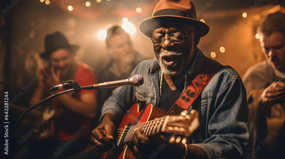 Aufkleber there is a man that is playing a guitar in front of a microphone generative ai