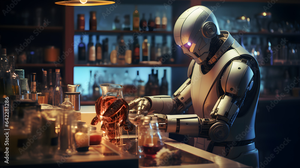 Poster there is a robot that is standing at a bar preparing food generative ai