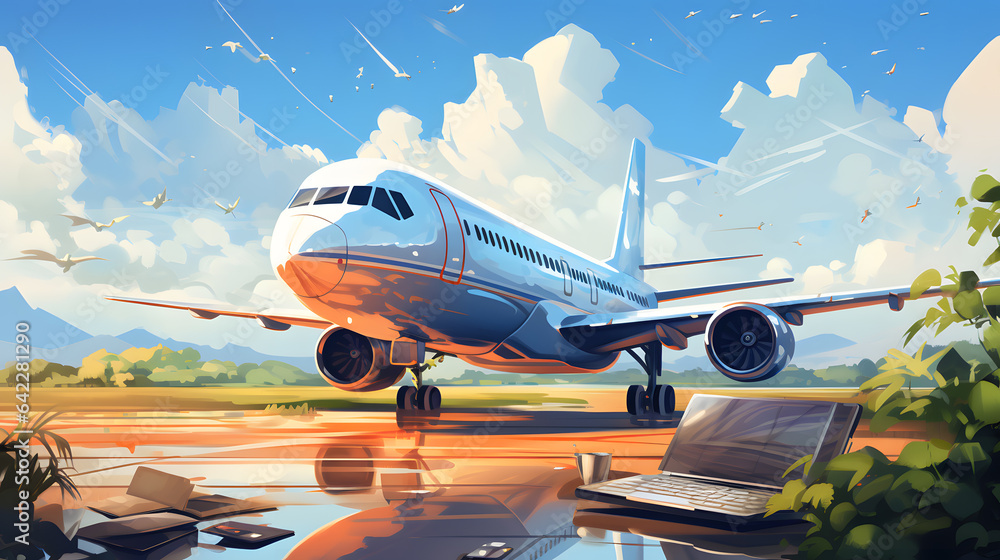 Aufkleber there is a plane that is on the runway with a laptop generative ai