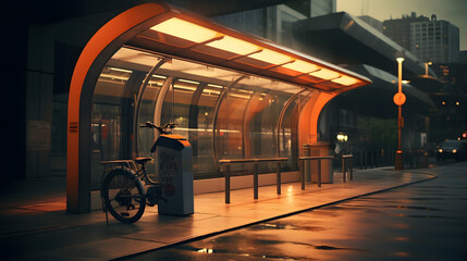 there is a bike parked at a bus stop at night Generative AI