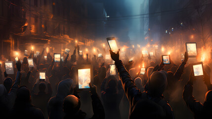 Fototapeta na wymiar people holding up their cell phones in the air in a crowd Generative AI