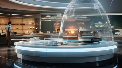 there is a large kitchen with a large glass dome on the counter Generative AI
