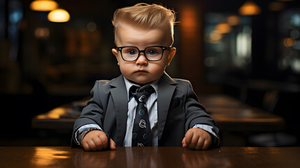 there is a little boy wearing glasses and a suit sitting at a table Generative AI