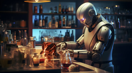 Obraz premium there is a robot that is standing at a bar preparing food Generative AI