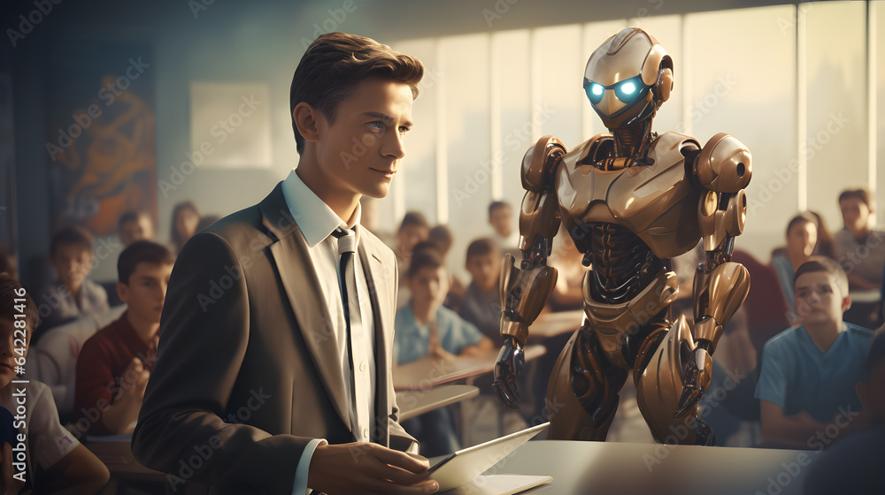 Poster there is a man in a suit standing next to a robot generative ai