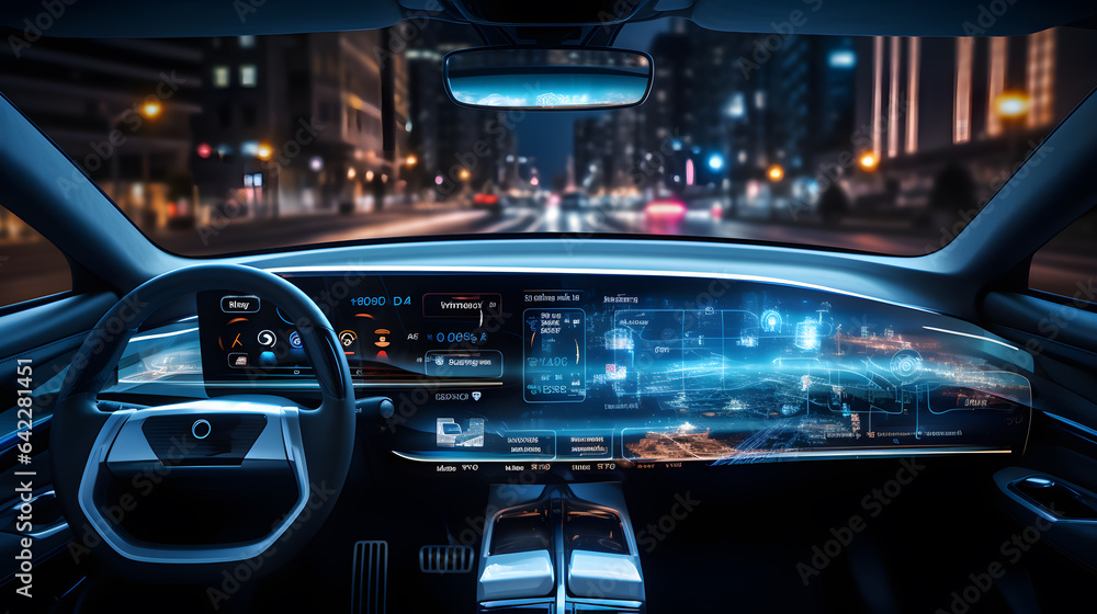 Poster a close up of a car dashboard with a view of a city at night generative ai