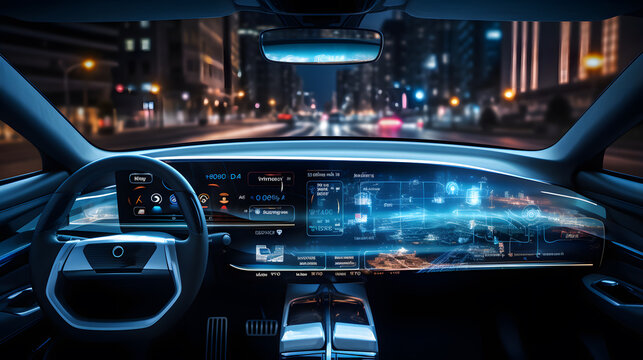a close up of a car dashboard with a view of a city at night Generative AI