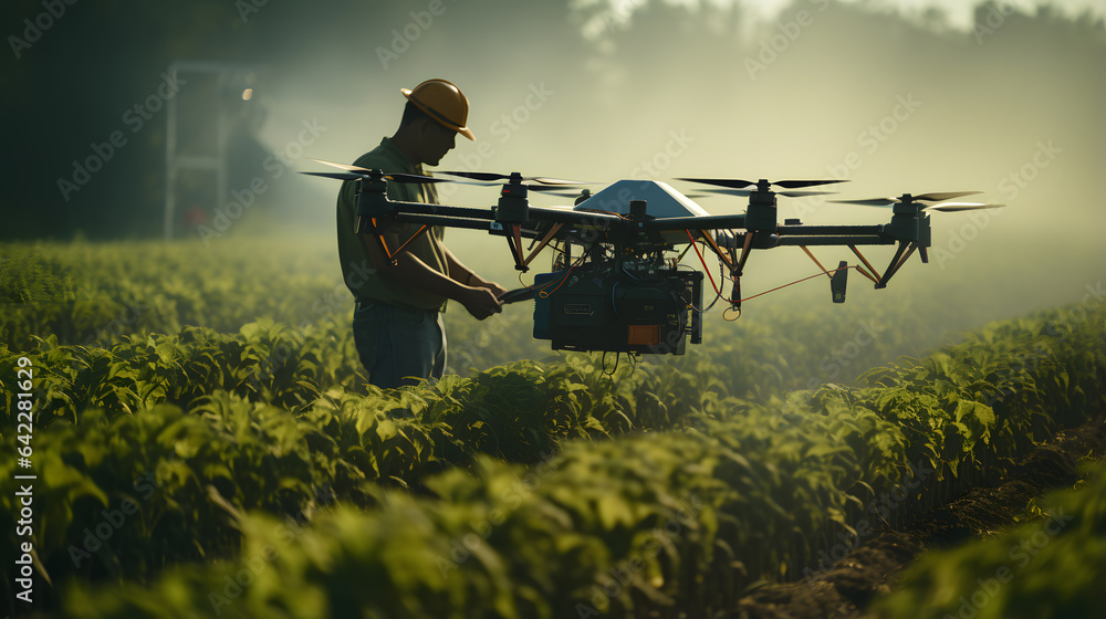 Poster arafed man in a field with a camera attached to a drone generative ai