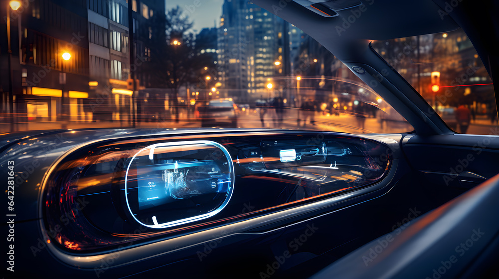Poster arafed view of a car's dashboard with a city in the background generative ai