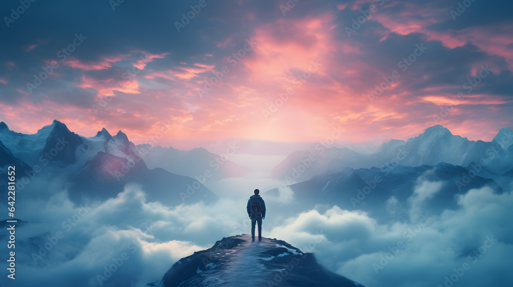 Aufkleber arafed man standing on top of a mountain with a view of a valley generative ai