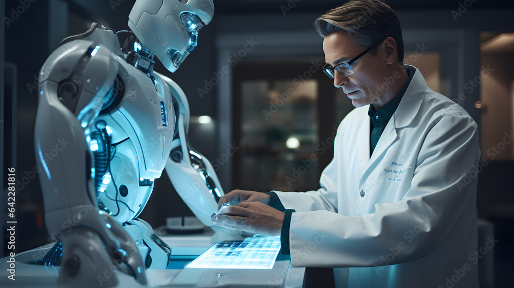 Aufkleber arafed male in a lab coat using a laptop computer generative ai