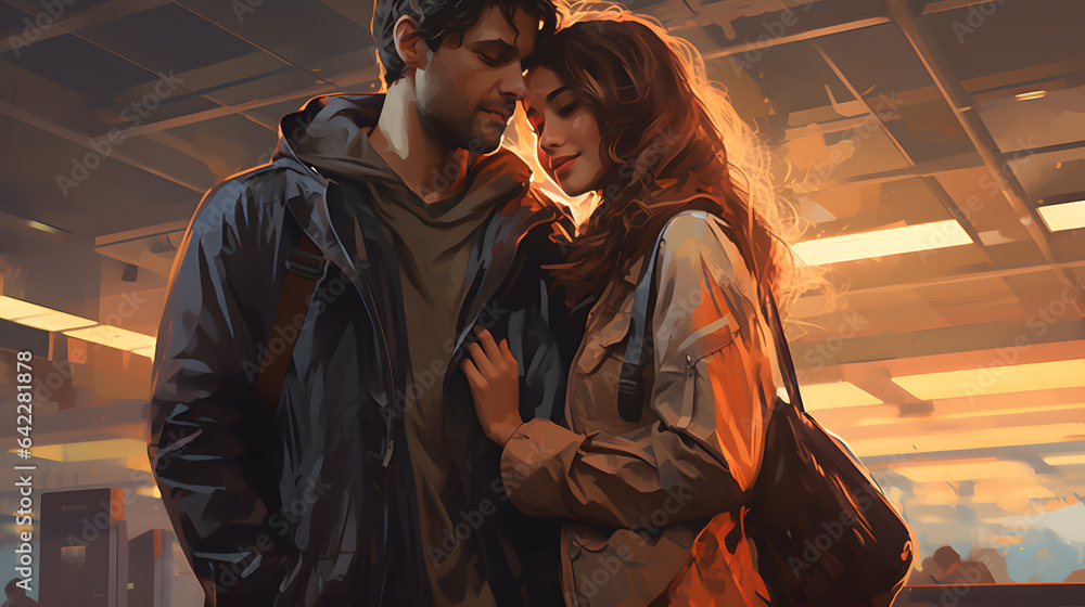 Poster they are standing in a subway station together and looking at each other generative ai