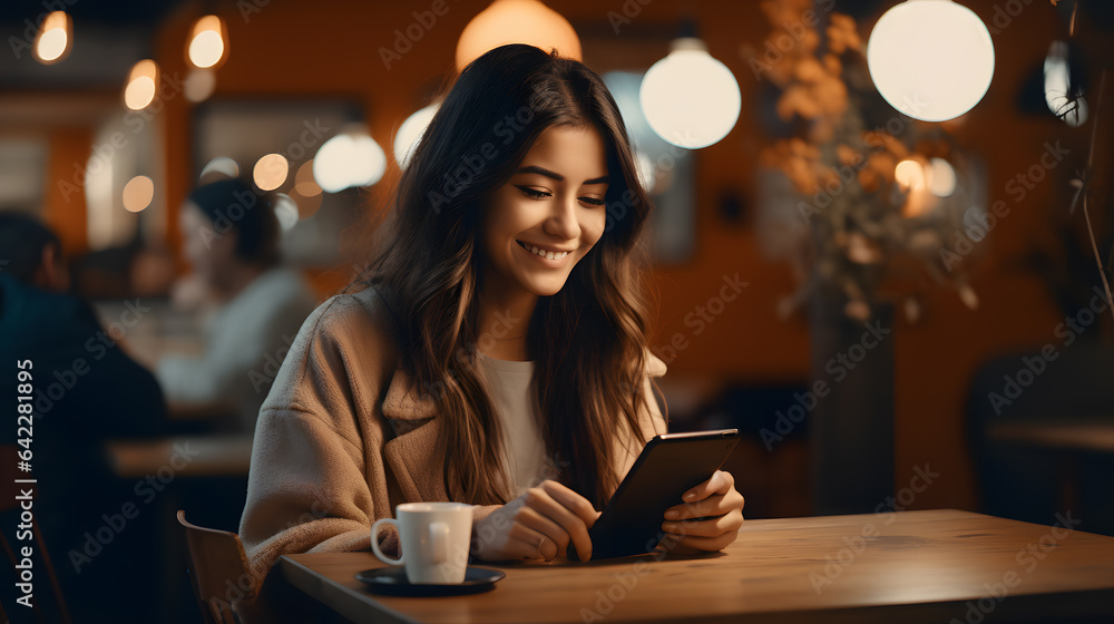 Poster smiling woman using a smart phone at a table in a restaurant generative ai