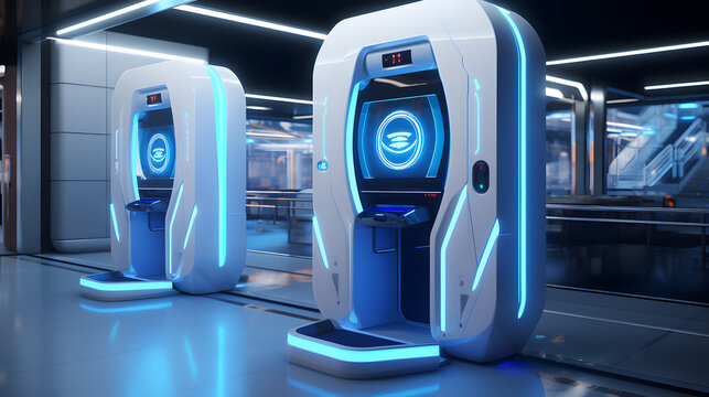 there are three blue and white machines in a subway station Generative AI