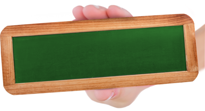 Digital png photo of hand holding chalk board with copy space on transparent background