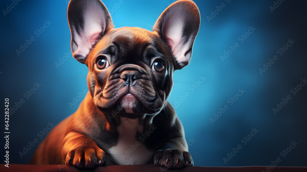 Poster there is a dog that is sitting on a table looking at the camera generative ai