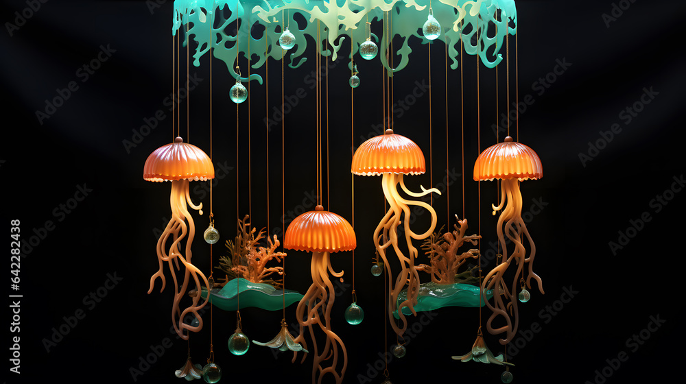 Poster there are jellyfishs hanging from the ceiling of a room generative ai