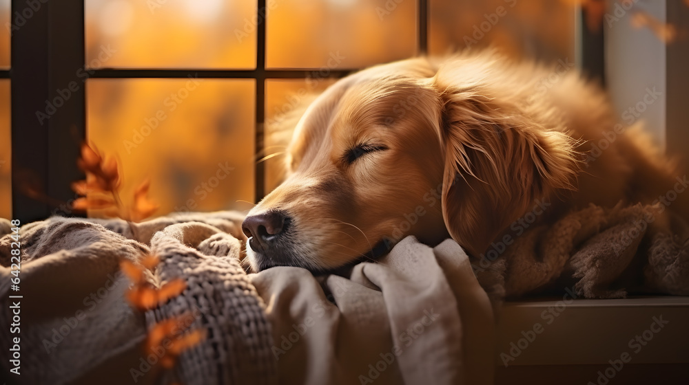 Poster araffe dog laying on a window sill with its head resting on a blanket generative ai