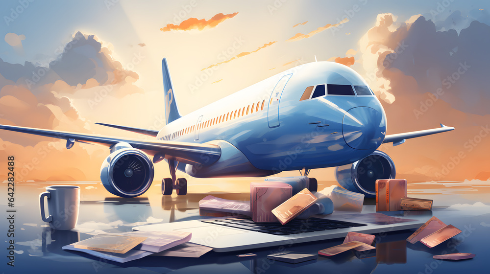 Aufkleber arafed airplane on the runway with a laptop and boxes generative ai