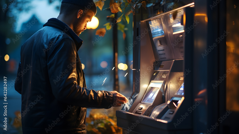 Poster there is a man standing next to a machine that is on the street generative ai
