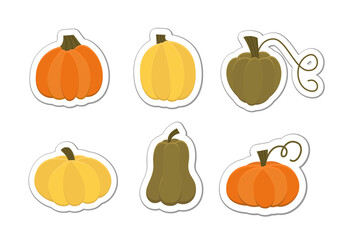 Sticker Pumpkin Collection. Cute Colorful Sticky Gourd Set. Autumn Harvest Squashes Design Elements.