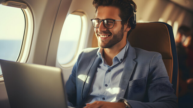 arafed man in a suit and glasses sitting in an airplane with a laptop Generative AI