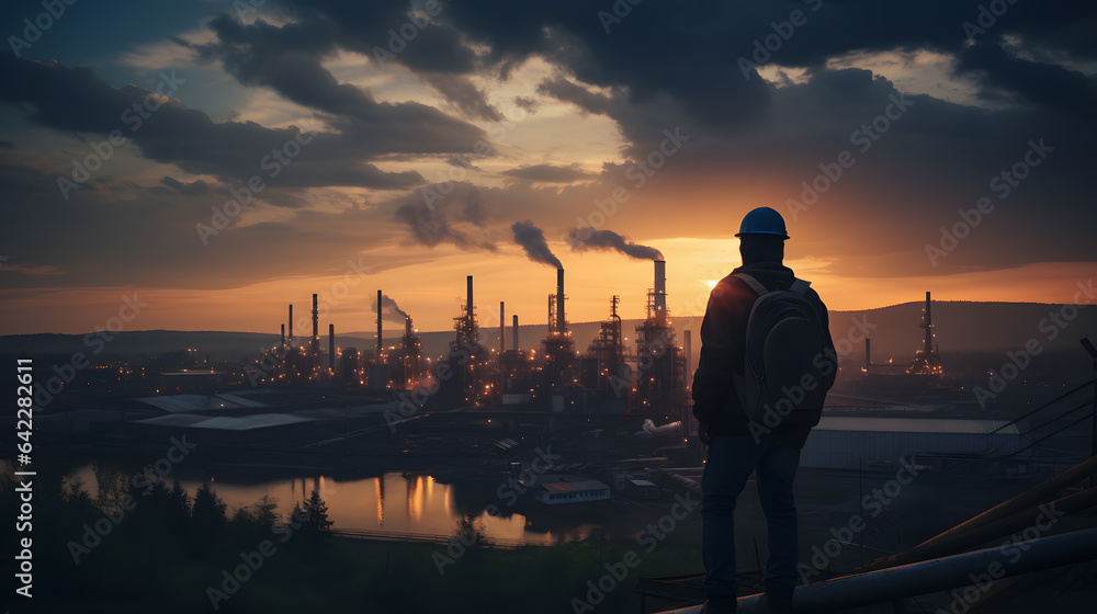 Poster arafed man standing on a ledge looking at a factory generative ai