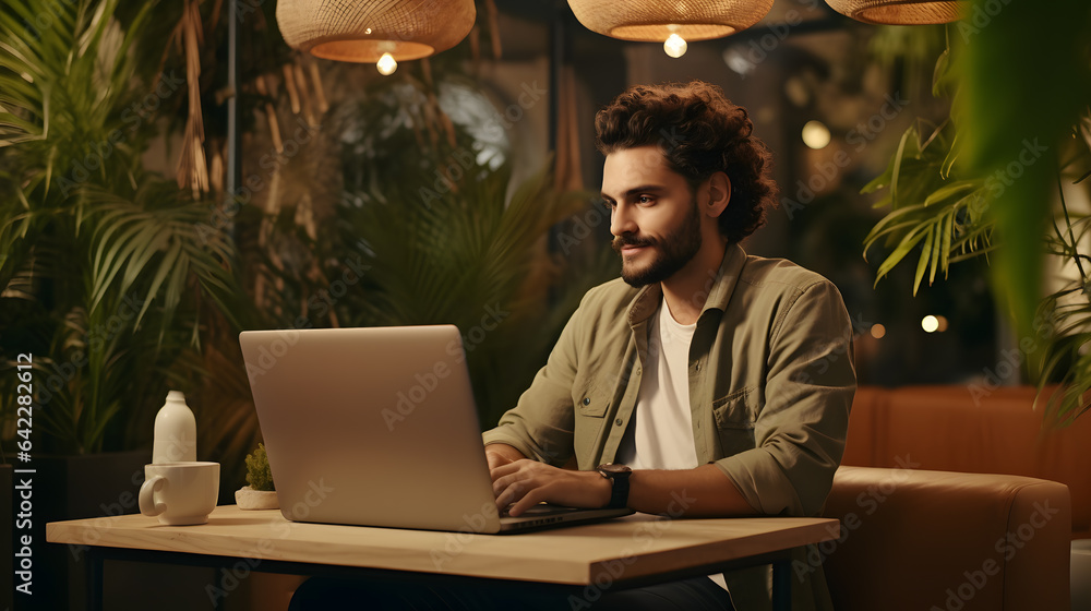 Poster there is a man sitting at a table with a laptop generative ai