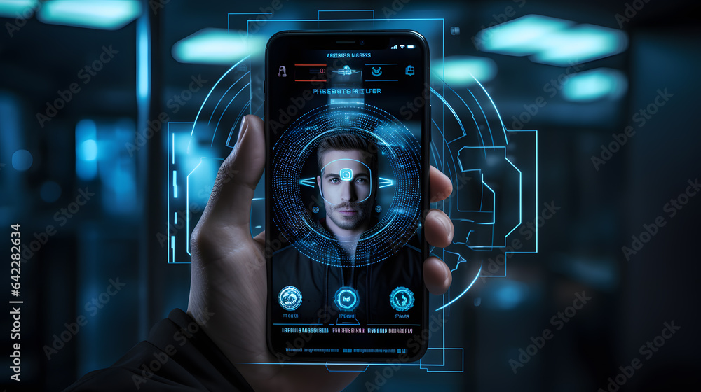 Aufkleber someone holding a smart phone with a futuristic interface on it generative ai