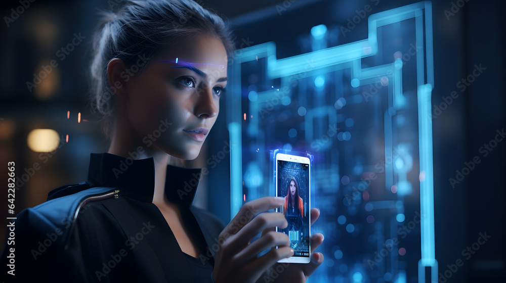 Poster woman holding a smart phone with a futuristic interface on it generative ai