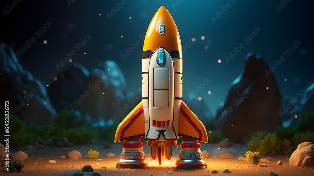 Poster there is a toy rocket that is sitting on a rock generative ai
