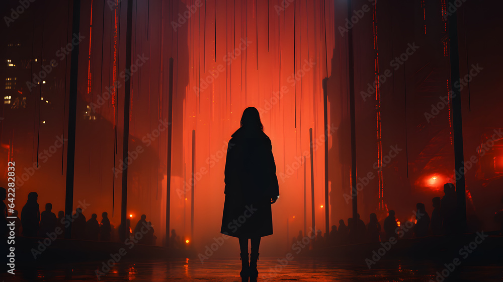 Poster there is a person standing in a dark room with a red light generative ai