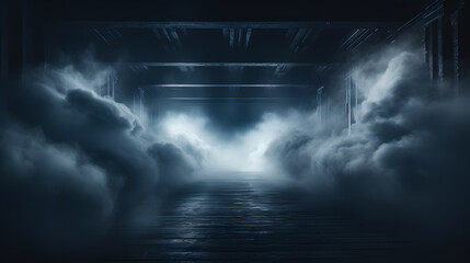 a dimly lit hallway with a lot of clouds in the middle Generative AI