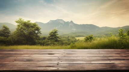 landscape with lake and mountains on wood table background - obrazy, fototapety, plakaty