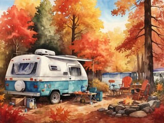 camping trailer carrying pumpkins watercolor, high detailed, textured, high colorful, saturated, high quality, 
