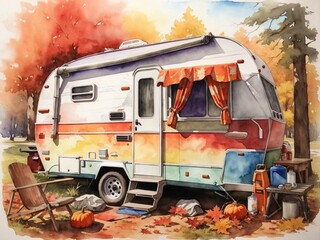 camping trailer carrying pumpkins watercolor, high detailed, textured, high colorful, saturated, high quality, 