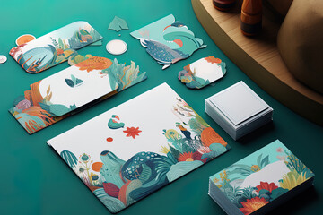 Business card and packaging mock up design with whimsical and memorable elements