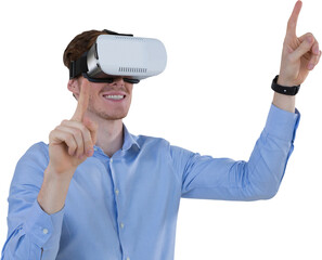Digital png photo of businessman wearing vr headset pointing with finger on transparent background