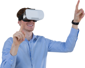 Digital png photo of businessman wearing vr headset pointing with finger on transparent background