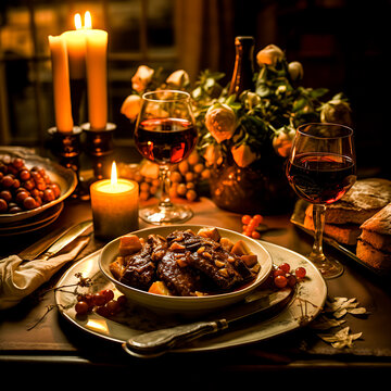 Traditional goulash with wine and chestnuts on a wooden table