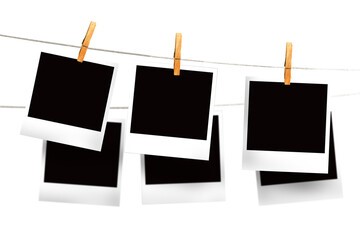 Digital png illustration of photos hanging on string with copy space on transparent background